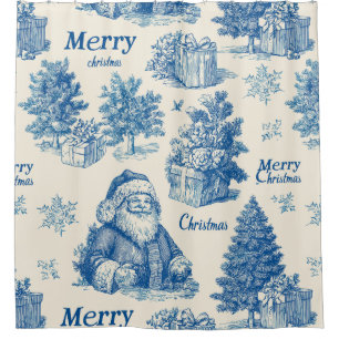 Vintage Blue Santa Christmas Toile Pattern Shower Curtain