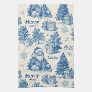 Vintage Blue Santa Christmas Toile Pattern Tea Towel