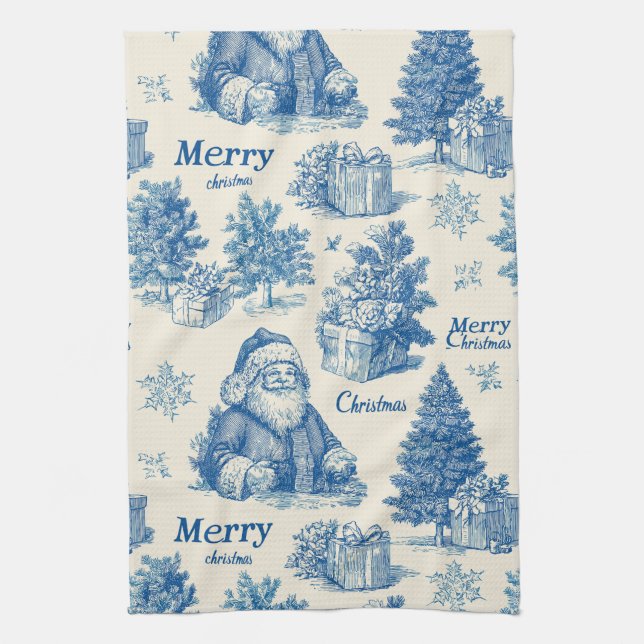 Vintage Blue Santa Christmas Toile Pattern Tea Towel (Vertical)