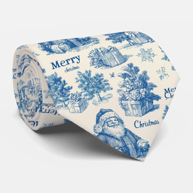Vintage Blue Santa Christmas Toile Pattern Tie (Rolled)
