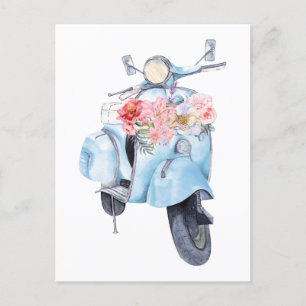 Vintage blue scooter with flowers postcard