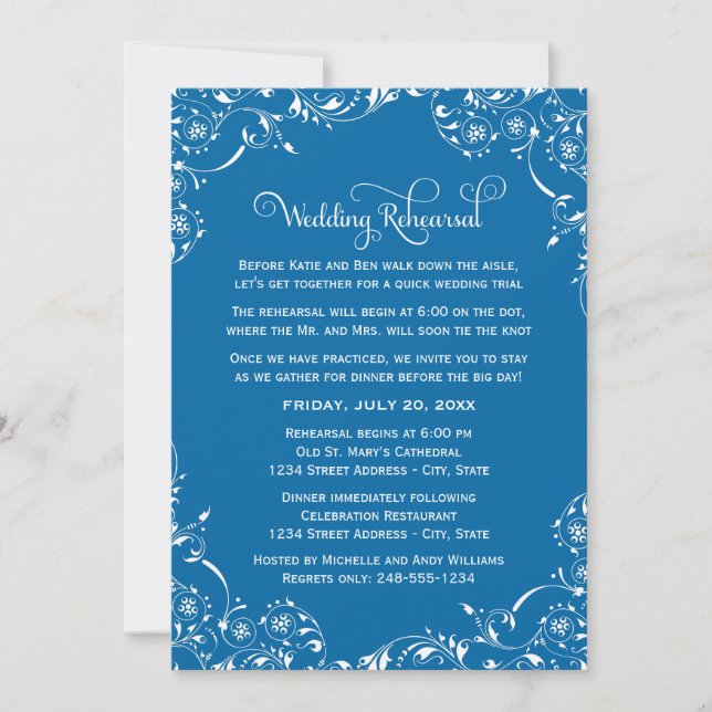 Vintage Blue Scrolls Wedding Rehearsal and Dinner Invitation (Front)