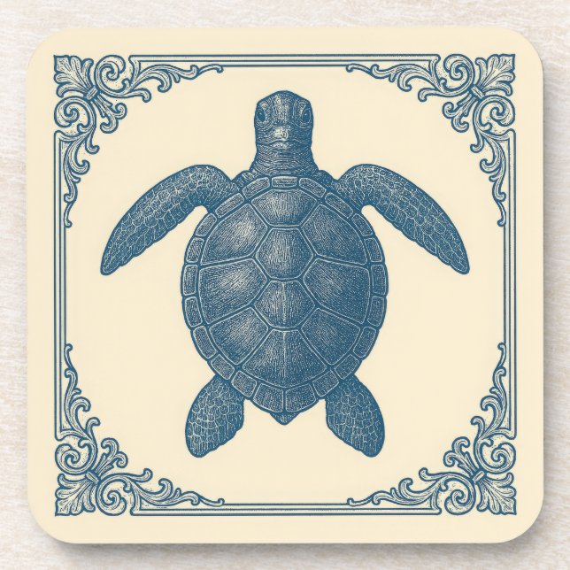 vintage Blue Sea Turtle Nautical Coaster (Front)