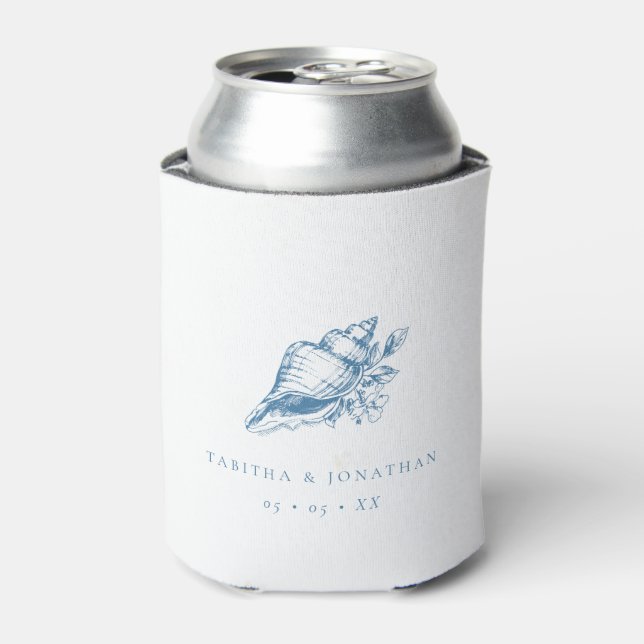 Vintage Blue Seashell Coastal Wedding Can Cooler (Can Front)