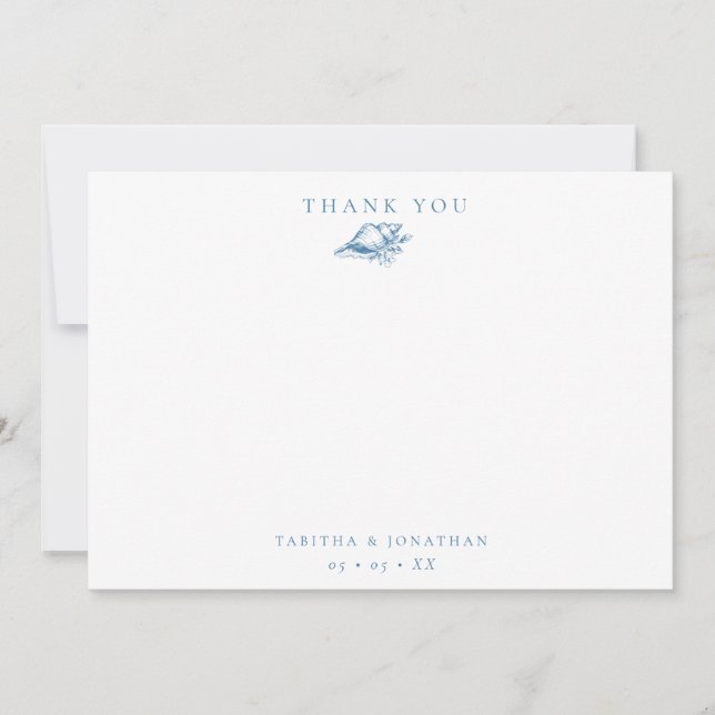 Vintage Blue Seashell Flat Wedding Thank You Card (Front)