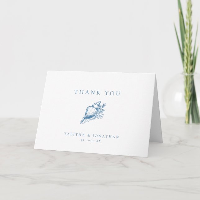 Vintage Blue Seashell Wedding Thank You Card (Front)