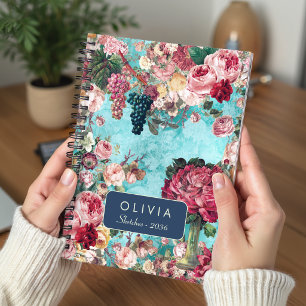 Vintage Blue Shabby Chic Roses Vase Notebook