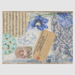 Vintage Blue Shabby Floral Lace Music Clock Tissue Paper