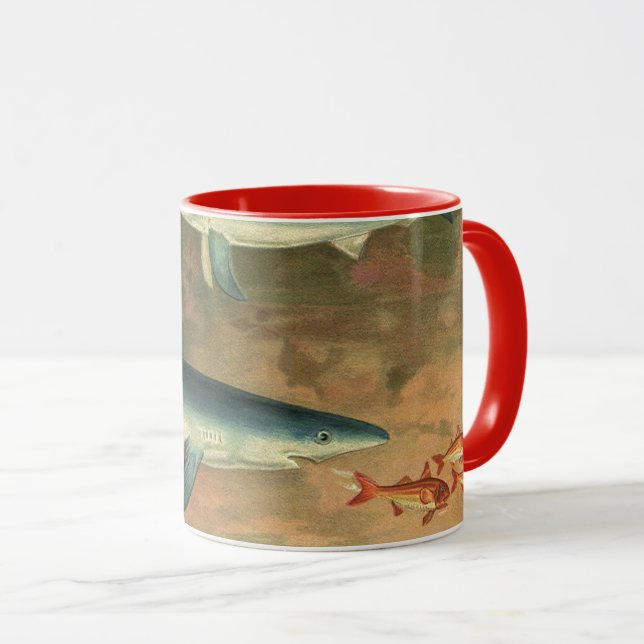 Vintage Blue Shark Eating Fish, Marine Life Mug (Front Right)