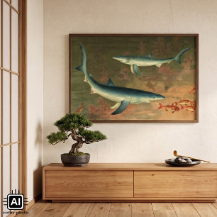 Vintage Blue Shark Eating Fish, Marine Life Poster