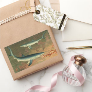 Vintage Blue Shark Eating Fish, Marine Life Rectangular Sticker