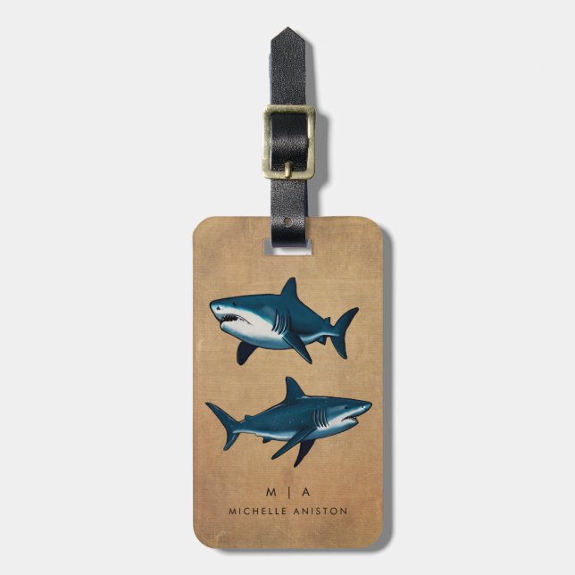 Vintage Blue Shark | Monogram Custom Luggage Tag (Front Vertical)