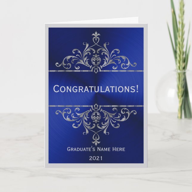 Vintage Blue Silver Name Congratulation Graduation Card (Front)