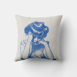 Vintage Blue Sketch of a Thoughtful Woman Cushion