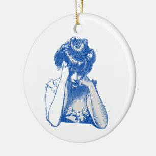 Vintage Blue Sketch Woman Portrait Acrylic Keychai Ceramic Tree Decoration