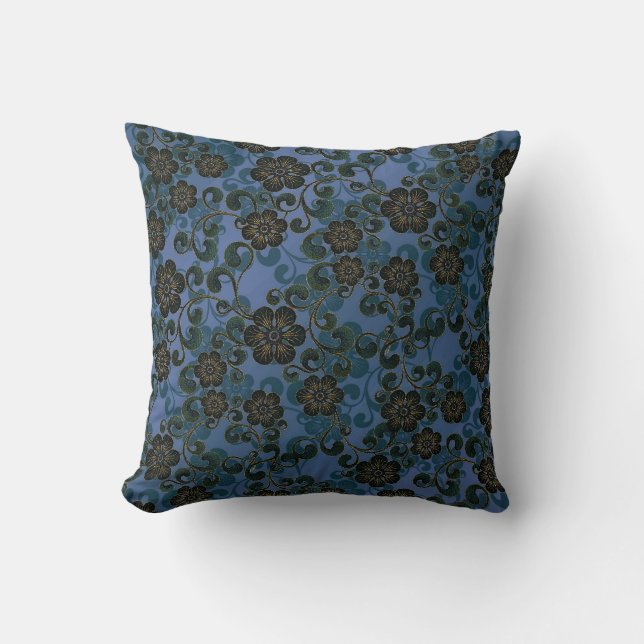 Vintage Blue & Slate Grey Floral Pattern Cushion (Front)