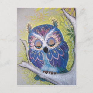 Vintage Blue Sleeping Owl Postcard