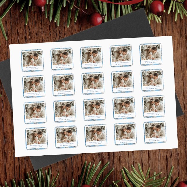 Vintage Blue Snowflake Christmas  Square Sticker (Set of 20 Blue Christmas Snowflake Stickers)