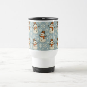 Vintage blue snowmen and snowflake travel mug