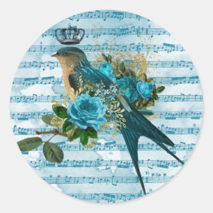 Vintage Blue Song Bird on Sheet Music Classic Round Sticker