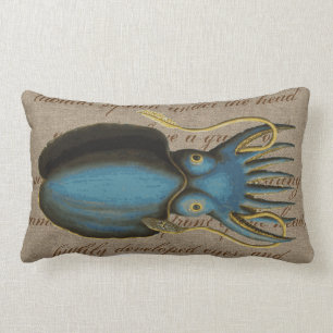 Vintage Blue Squid Sea Creature Nautical Burlap Lumbar Cushion