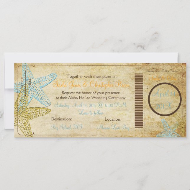 VINTAGE BLUE STARFISH BOARDING PASS INVITATIONS (Front)