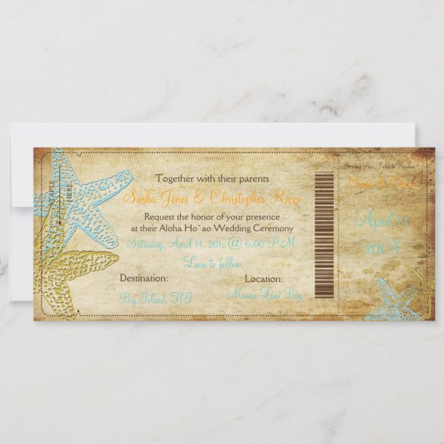 VINTAGE BLUE STARFISH BOARDING PASS INVITATIONS (Front)