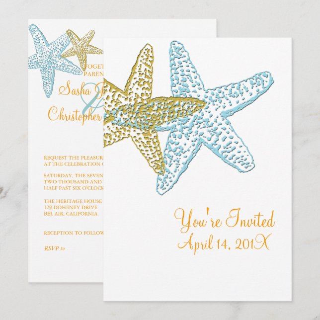 VINTAGE BLUE STARFISH WEDDING INVITATIONS (Front/Back)