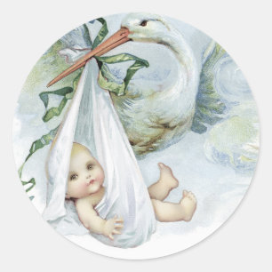 Vintage Blue Stork Baby Shower Stickers
