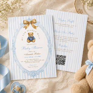 Vintage Blue Stripe Teddy Bear Baby Shower QR Code Invitation