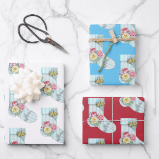 Vintage blue striped stocking with roses and bell wrapping paper sheet