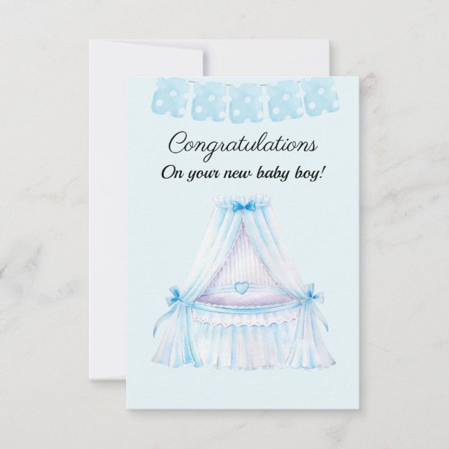 Vintage blue stroller baby boy congratulation card (Front)