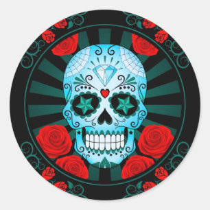 Vintage Blue Sugar Skull with Roses Poster Classic Round Sticker