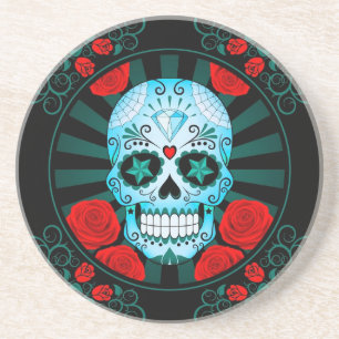 Vintage Blue Sugar Skull with Roses Poster Coaster
