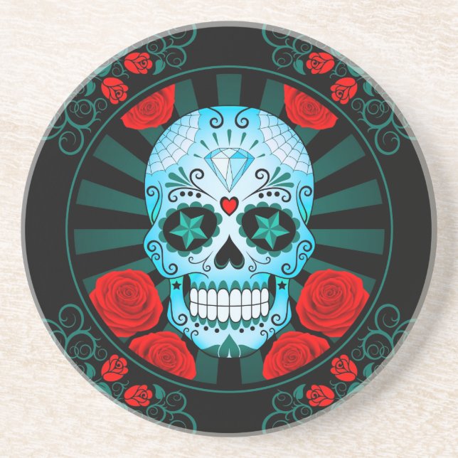Vintage Blue Sugar Skull with Roses Poster Coaster (Front)