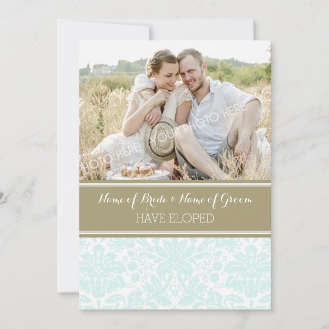 Vintage Blue Tan Damask Photo Elopement Cards (Front)