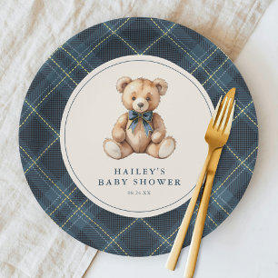 Vintage Blue Tartan Teddy Bear Baby Shower Paper Plate
