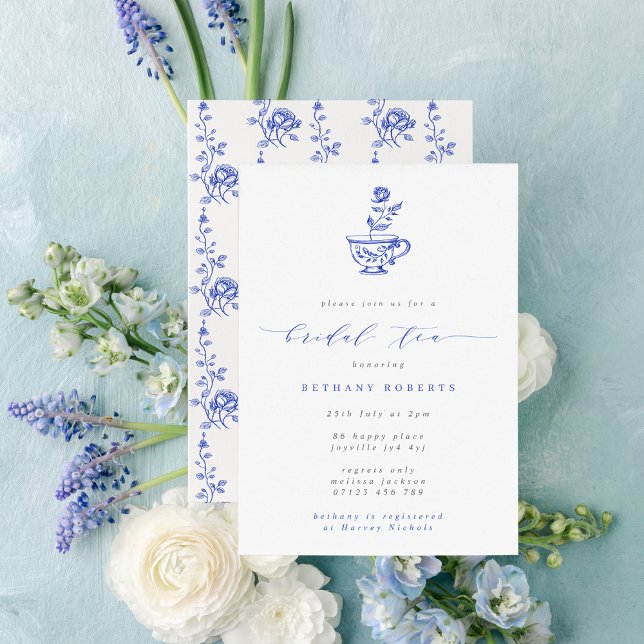 Vintage Blue Teacup and Rose Bridal Tea Invitation (Creator Uploaded)