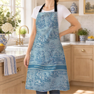 Vintage Blue Teal French Country Toile de Jouy Apron