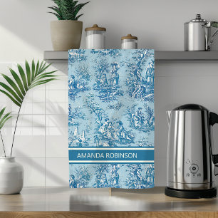 Vintage Blue Teal French Country Toile de Jouy Tea Towel