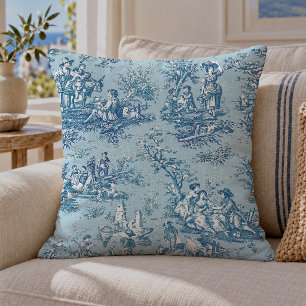 Vintage Blue Teal French Toile de Jouy Pattern Cushion