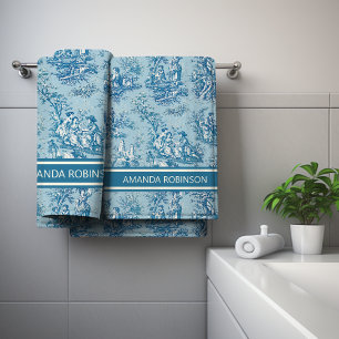 Vintage blue teal toile de jouy printed bath towel set