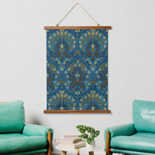 Vintage Blue Teal William Morris Autumn Flowers Hanging Tapestry