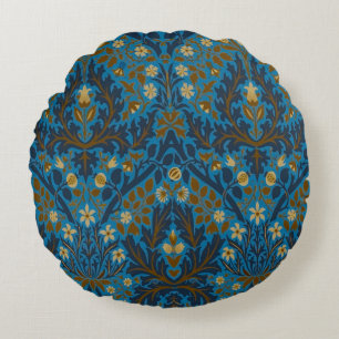 Vintage Blue Teal William Morris Autumn Flowers Round Cushion