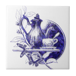 Vintage Blue Teapot&Butterflies decorative tile