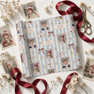 Vintage Blue Ticking Stripe Photo Collage Wrapping Paper