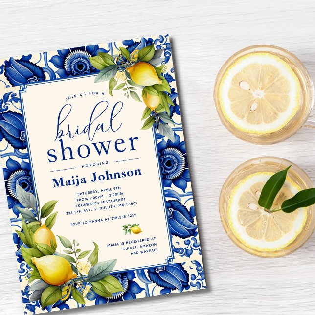 Vintage Blue Tile Yellow Lemons Bridal Shower Invitation (Creator Uploaded)