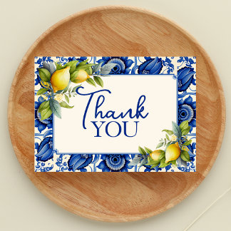 Vintage Blue Tile Yellow Lemons Thank You Card