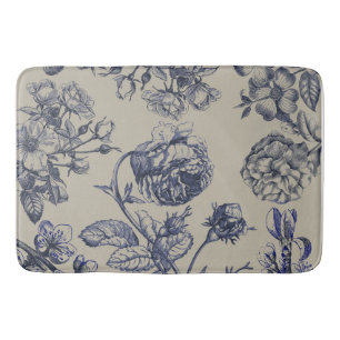 Vintage Blue Toile Botanical Floral Antique Patter Bath Mat