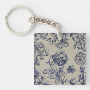 Vintage Blue Toile Botanical Floral Antique Patter Key Ring